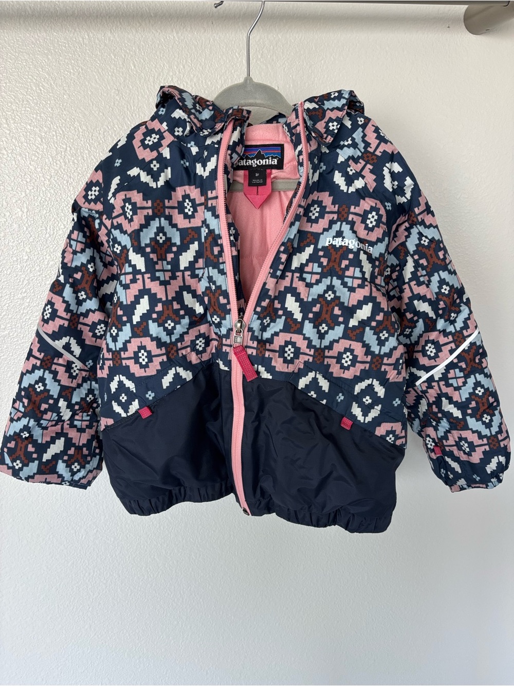Patagonia Girls Navy & Pink Geometric Hooded Puffer Jacket